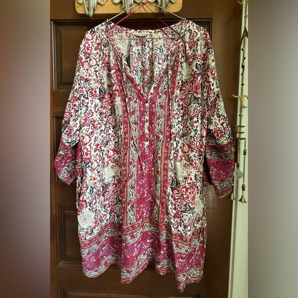 Lucky Brand Floral Boho Top - Pink, Red and White